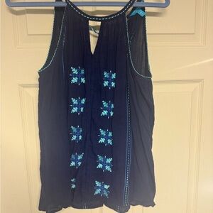 Tori Richard Navy Blue Embroidered Blouse